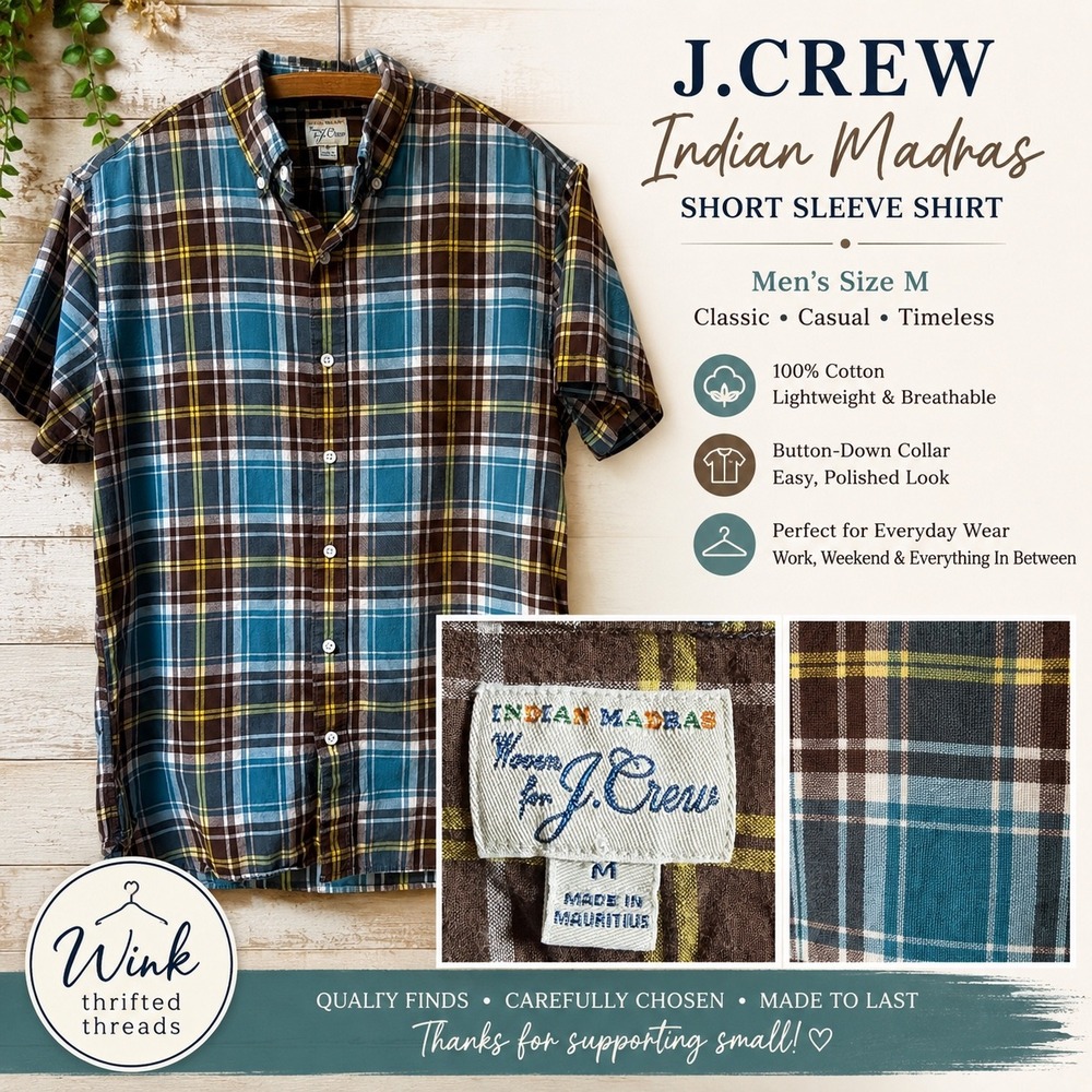 J.Crew Mens Indian Madras Short Sleeve Plaid Button Down Shirt Blue Brown Medium